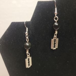 Silver and Black Tourmaline Bead Earrings with Silver Razor Blade Charm